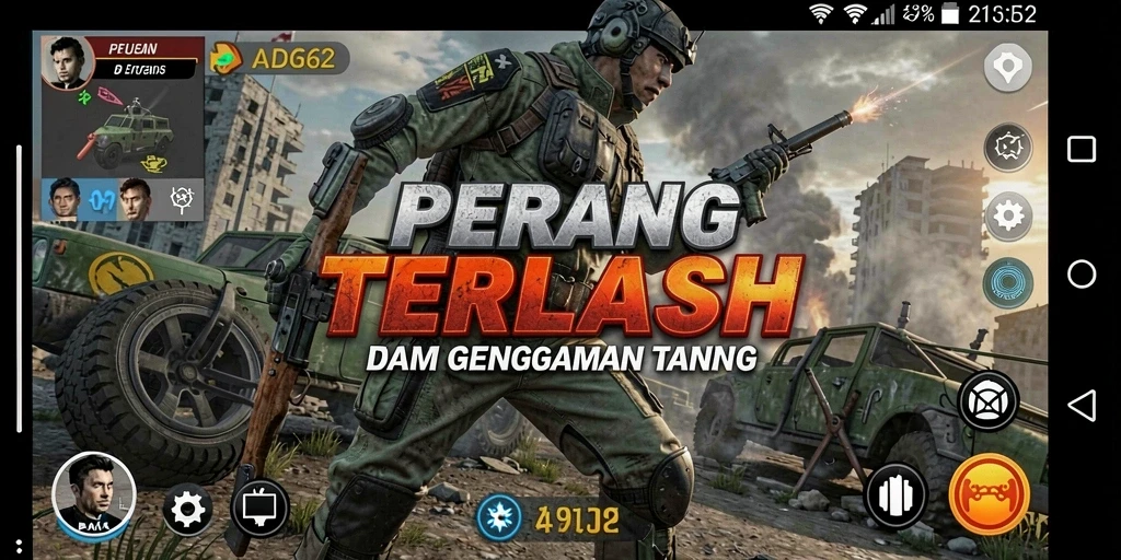 Screenshot utama ADG62 menampilkan aksi intens di medan perang Battle Royale.