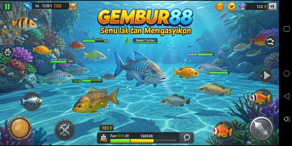Tampilan gameplay GEMBUR88 yang seru saat menembak ikan.