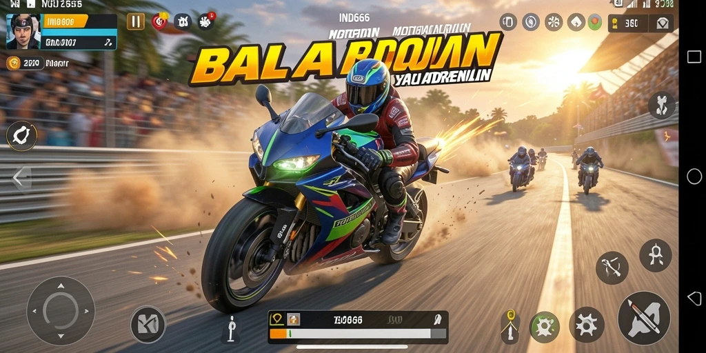 Screenshot gameplay IND666 menampilkan aksi balapan motor yang mendebarkan.