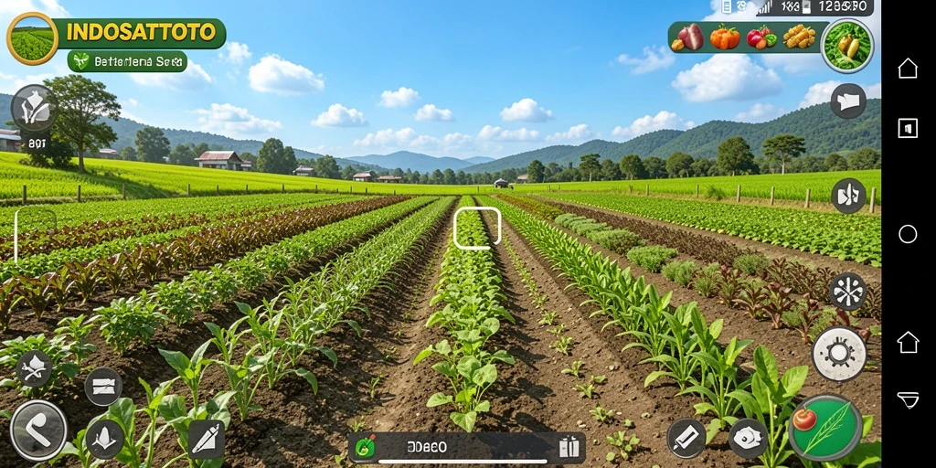 Gameplay INDOSATTOTO menunjukkan ladang yang subur dan tanaman yang siap panen.