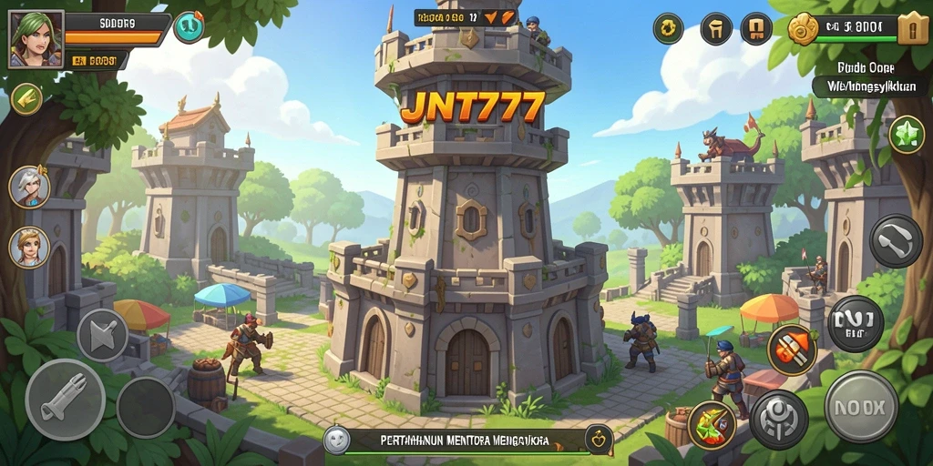 Tangkapan layar menampilkan strategi menara di JNT777 saat melawan gelombang musuh.