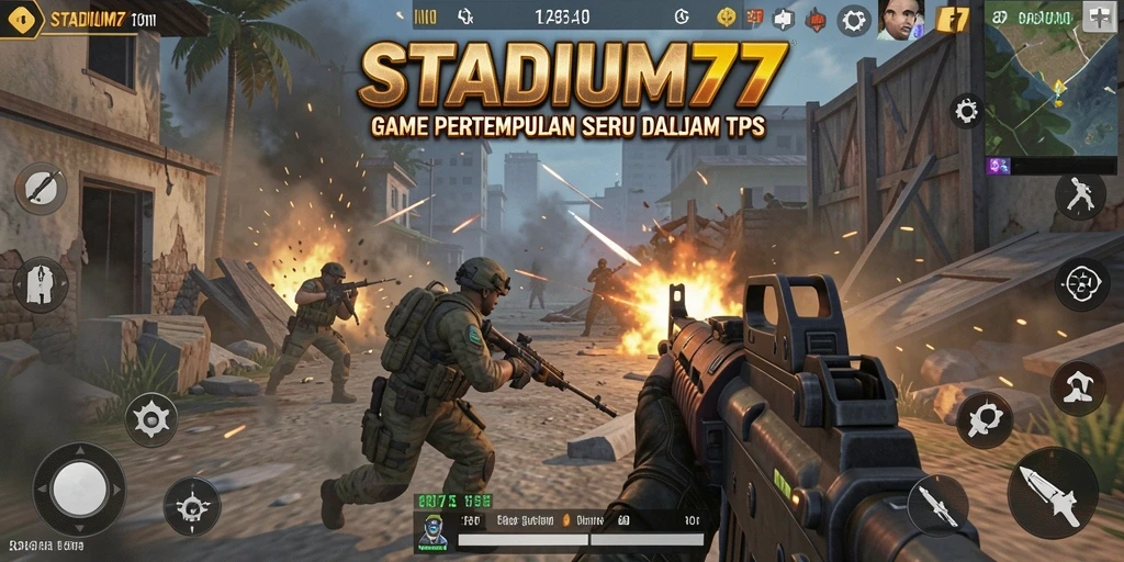 Screenshot dari gameplay STADIUM77 yang menunjukkan aksi pertempuran intens.